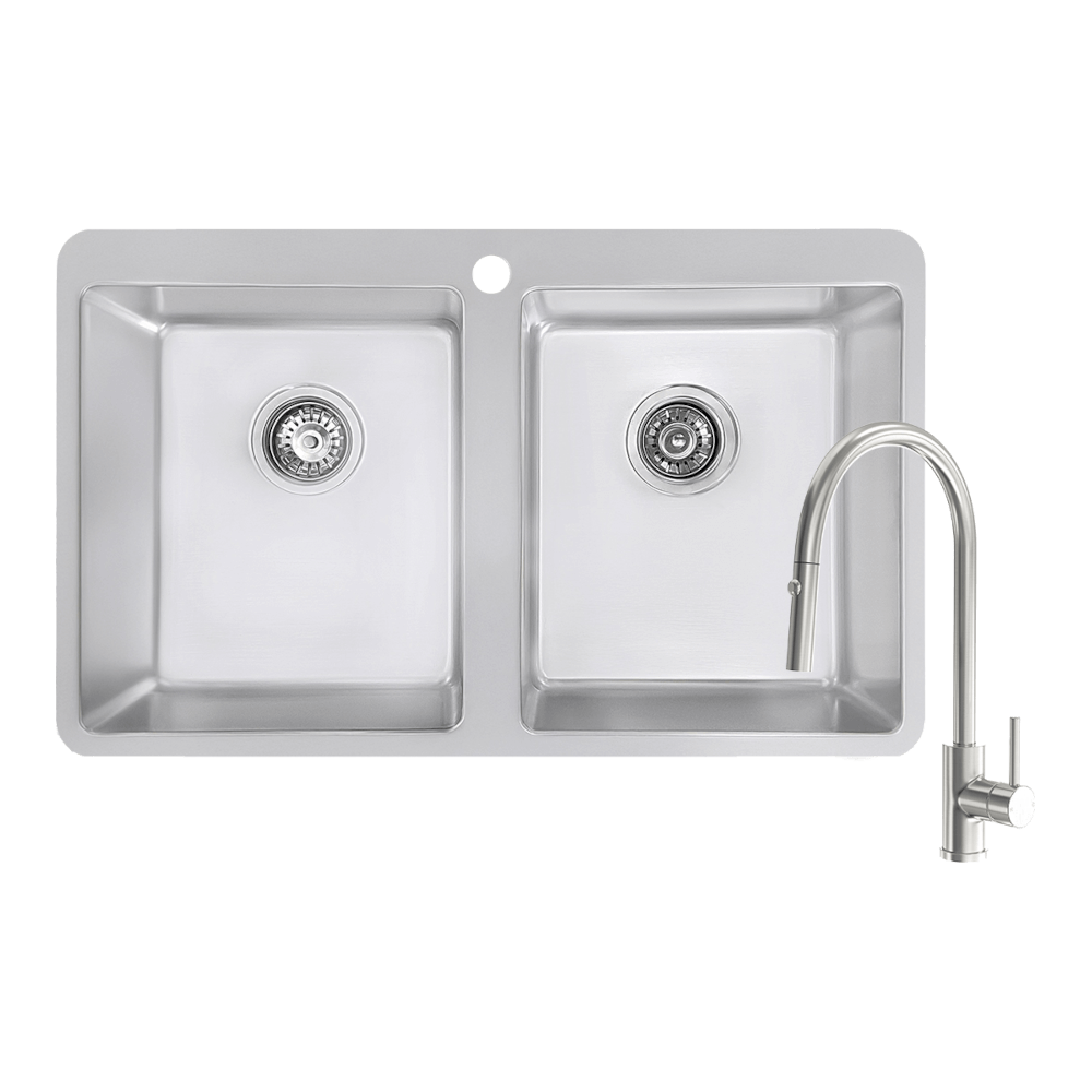 Abey abey-packages Abey Builders Double Bowl 1TH Sink & Pull Out Kitchen Mixer Kitchen Sinks
