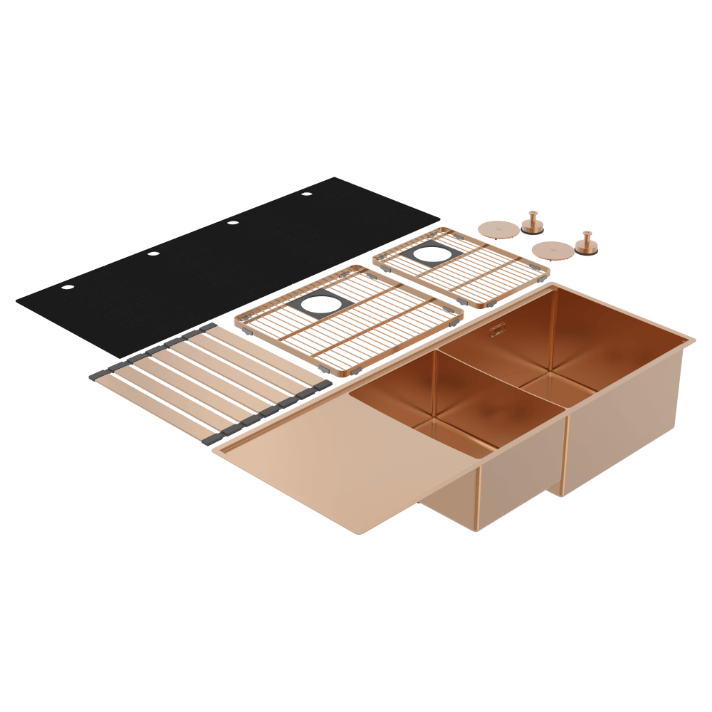 Abey Boutique abey-blugano Boutique Lugano One & One Quarter Drainer Right Hand Bowl Artisan Copper Kitchen Sinks